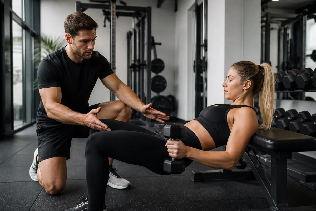 Personal trainer coaching a dumbbell hip thrust in South Melbourne