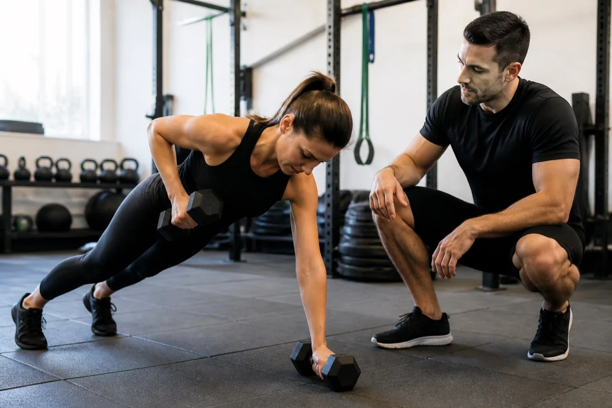 Personal trainer coaching a dumbbell row in South Melbourne