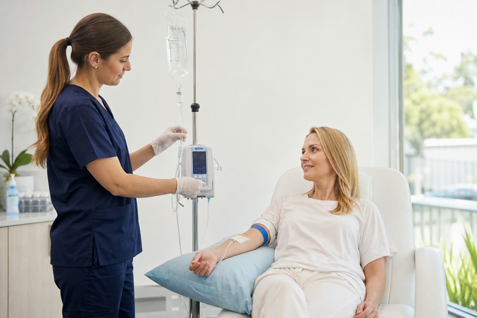 Nurse monitoring a patient receiving IV hydration therapy